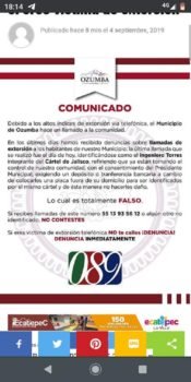El presidente de #Ozumba alerta a la población sobre llamadas de extorsión