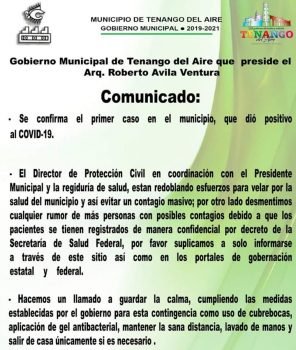 Confirman primer caso de covid-19 en Tenango del aire