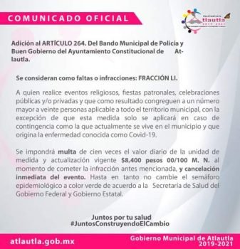 Sancionarán con multas a quien realice eventos públicos por contingencia sanitaria en Atlautla 