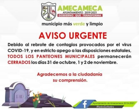 Por emergencia sanitaria por COVID-19 Amecameca también cerrara sus cementerios