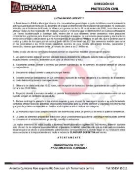 El gobierno municipal de Temamatla informa las acciones que llevará a cabo con los comercios de la localidad para hacer frente al COVID-19