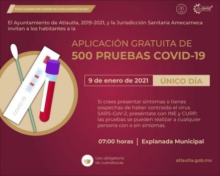 A partir del 9 de enero se llevará a cabo la aplicación de 500 pruebas gratuitas de COVID-19