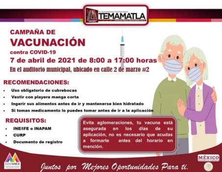 Este miércoles se realizará la aplicación de la vacuna contra el COVID-19 en Temamatla