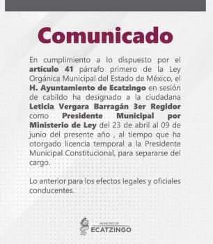 Designan a Leticia Vergara Barragán como Presidente Municipal de Ecatzingo por Ministerio de Ley