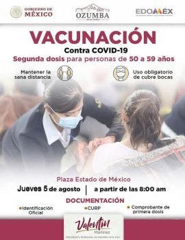 Ya fue anunciada la segunda dosis para adultos de 50 a 59 años en Ozumba